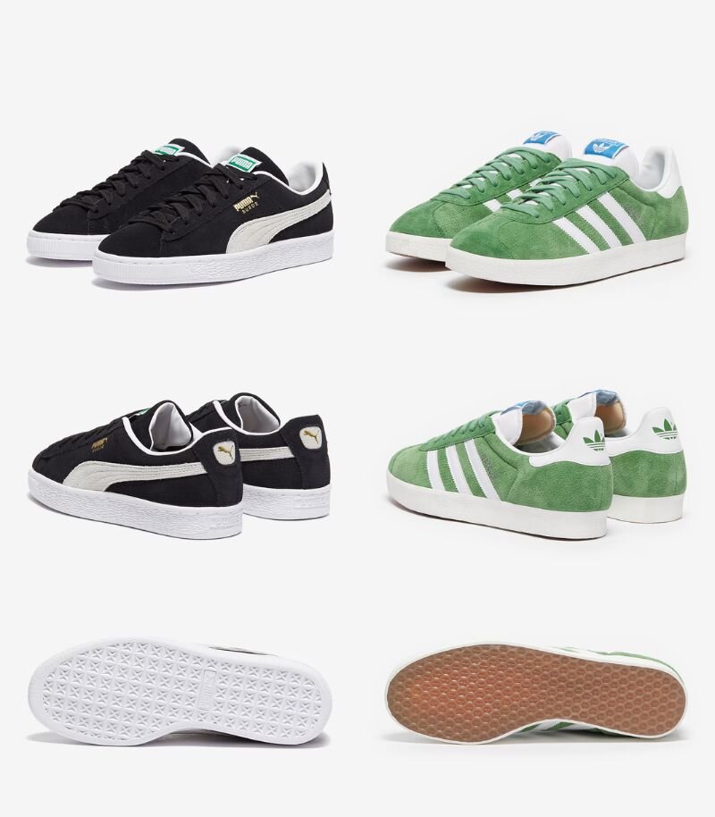 black puma suede trainers and green and white adidas gazelles